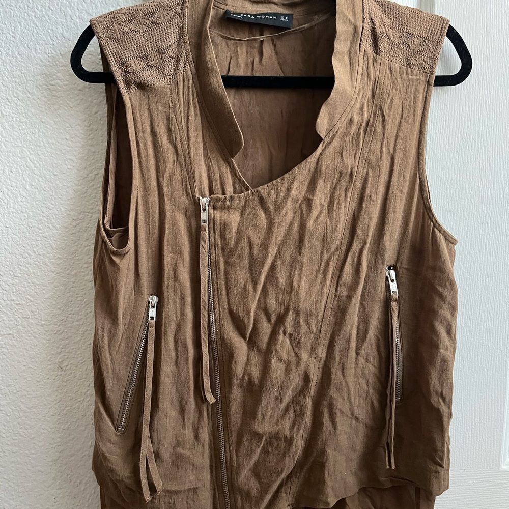 Brown Sleeveless Vest with Zipper Details